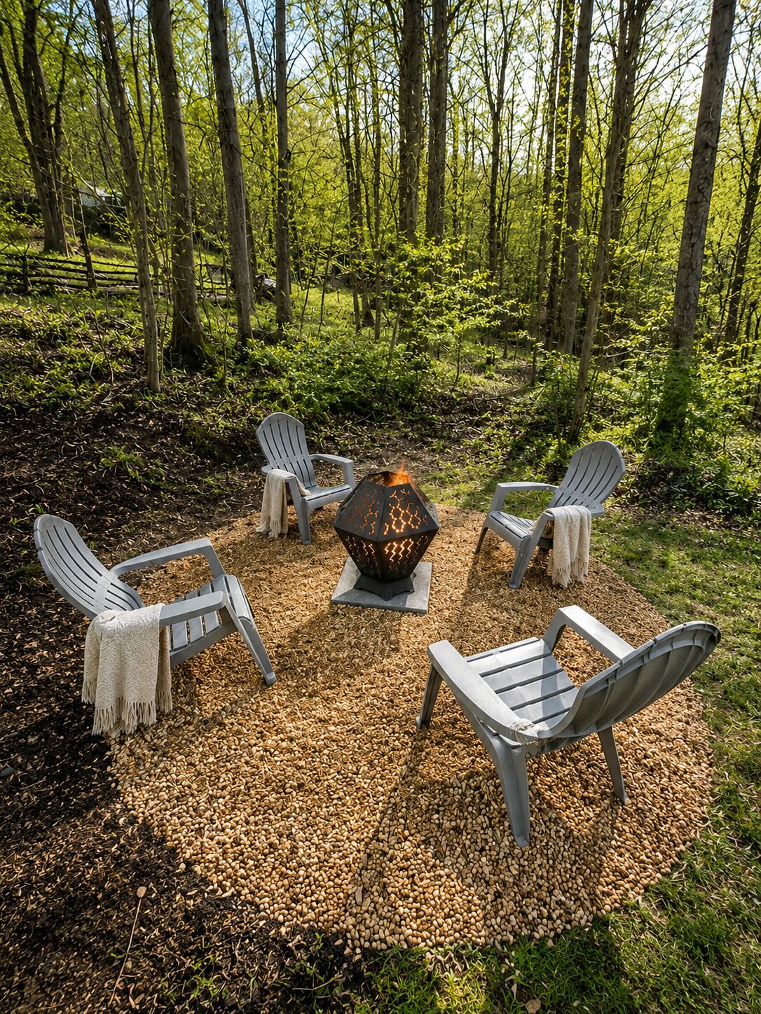 Un aménagement circulaire avec des sièges, composé de quatre fauteuils Adirondack disposés autour d’un foyer central, le tout situé dans un cadre forestier.