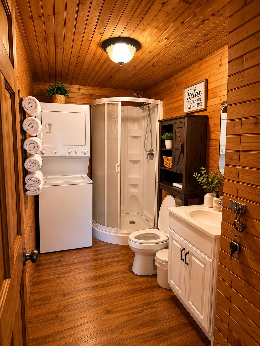 Shower, hair dryer, towels, toilet paper