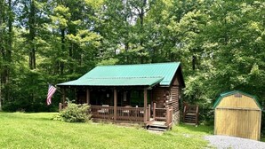 A rustic cabin with a green roof, a porch, and a small shed in a wooded area. - Delightful cabin with Fireplace in charming Canvas (Canvas)