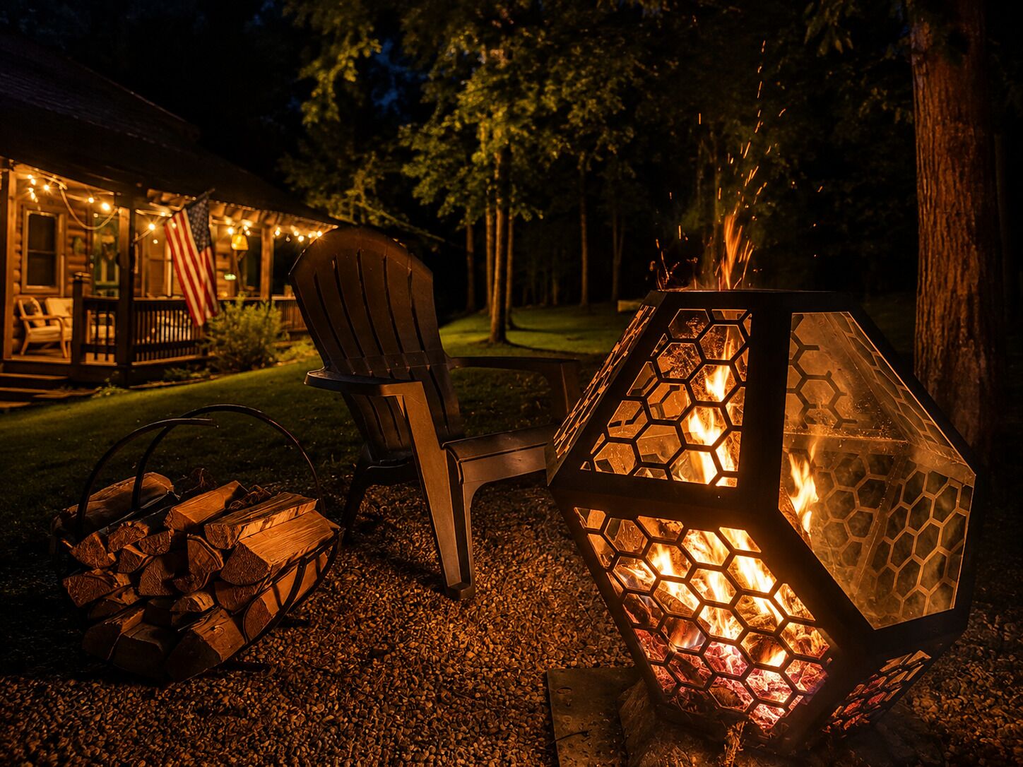 Una terraza de madera con una fogata hexagonal, una silla y leña apilada.