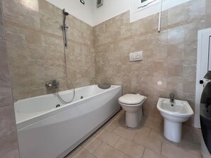Jetted tub, hair dryer, bidet, towels
