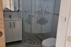 Shower, towels, soap, toilet paper