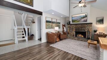 Smart TV, fireplace, books