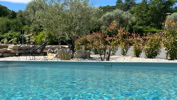 Une piscine aux eaux cristallines, bordée de pierres, entourée de rochers et d’arbres.