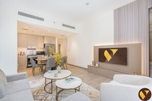 Luxury Apartment, Balcony, Pool View | Iron/ironing board, cots/infant beds, free WiFi, bed sheets - Vogue Rosewater Creek Beach Stylish 2BR (Dubai)