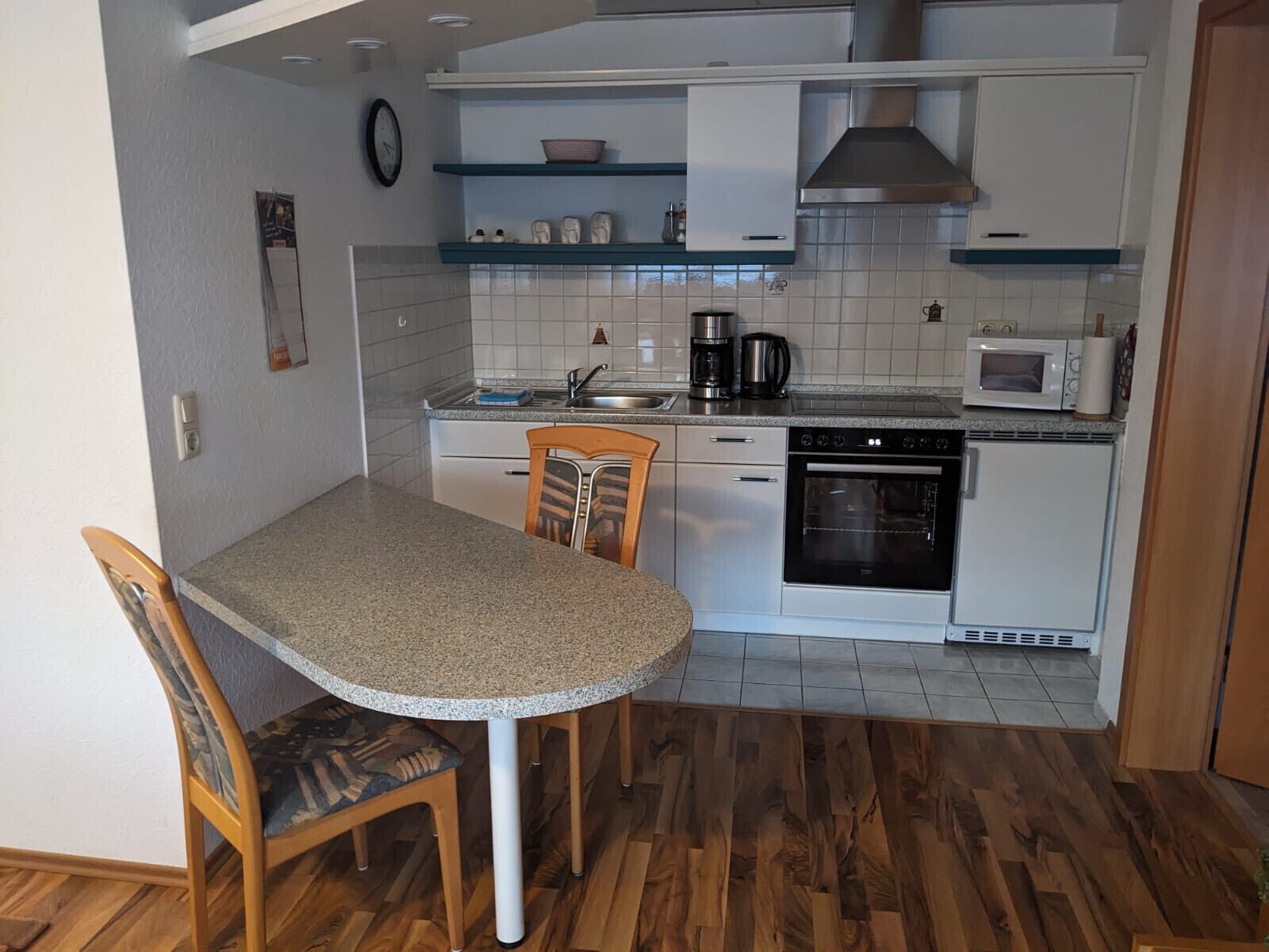 Fridge, microwave, coffee/tea maker, electric kettle