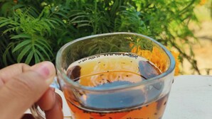 A hand holding a clear glass mug with a dark liquid, possibly coffee, in an outdoor setting with greenery and orange flowers in the background. - Bonsai Eco Village (Kamalganj)