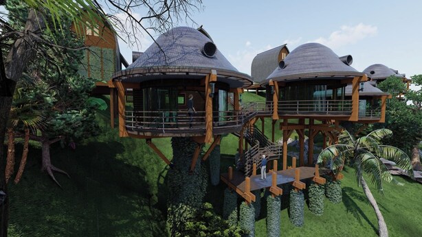 Treehouse accommodations with multiple levels, connected by wooden walkways, set in a lush, green environment. - Bonsai Eco Village (Kamalganj)