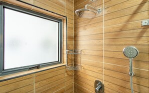 Shower, towels, soap, toilet paper