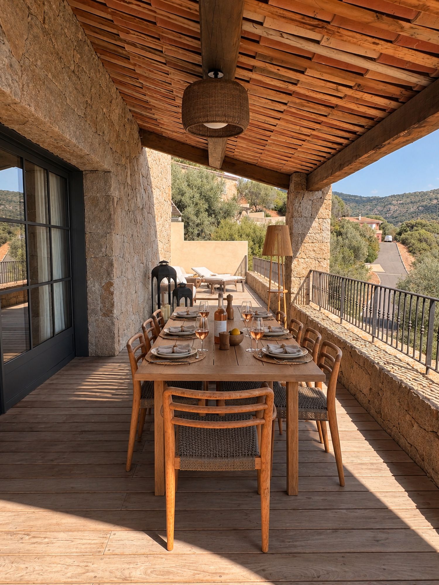 Un área de comedor al aire libre con una mesa de madera dispuesta para seis personas, rodeada de muros de piedra y un techo de madera.