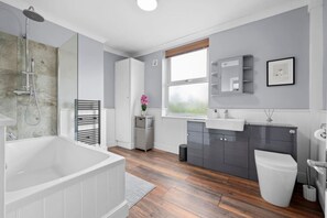 Hair dryer, towels, soap, shampoo