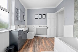 Hair dryer, towels, soap, shampoo