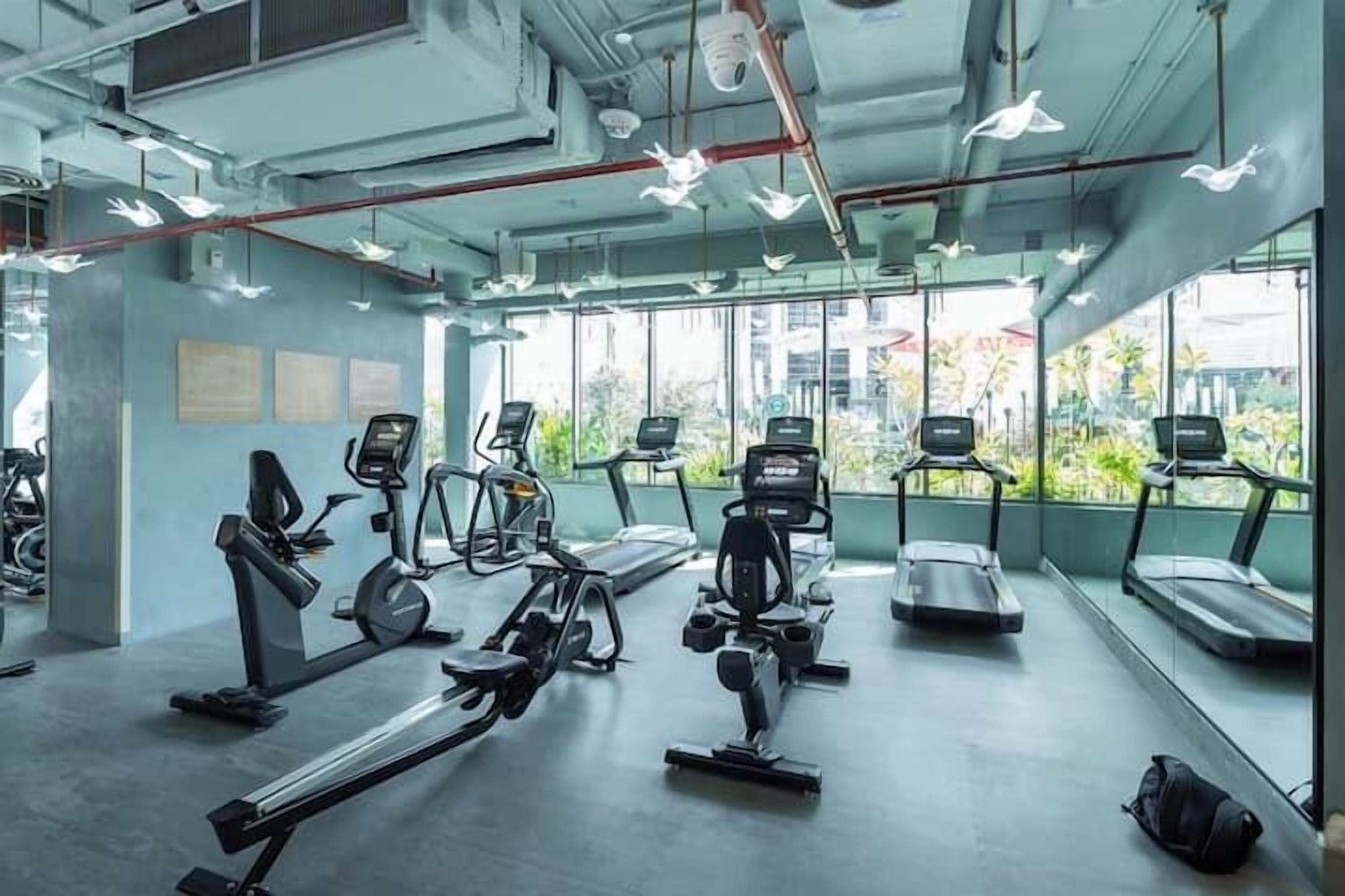 Een fitnessruimte met diverse trainingsapparaten, grote ramen en uitzicht op groen.