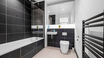 Hair dryer, towels, soap, shampoo