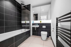 Hair dryer, towels, soap, shampoo