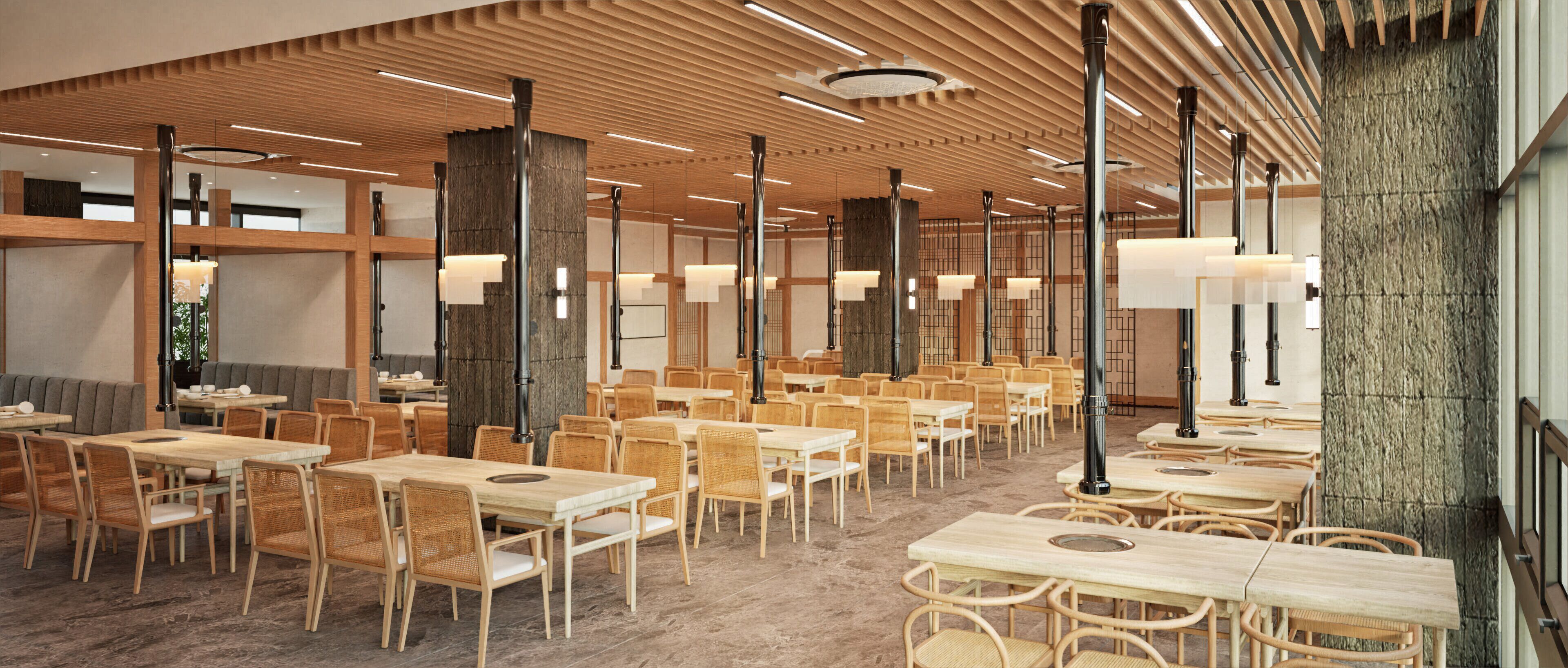 A spacious indoor dining area with multiple wooden tables and chairs, high ceilings with wooden paneling, and modern pendant lighting.