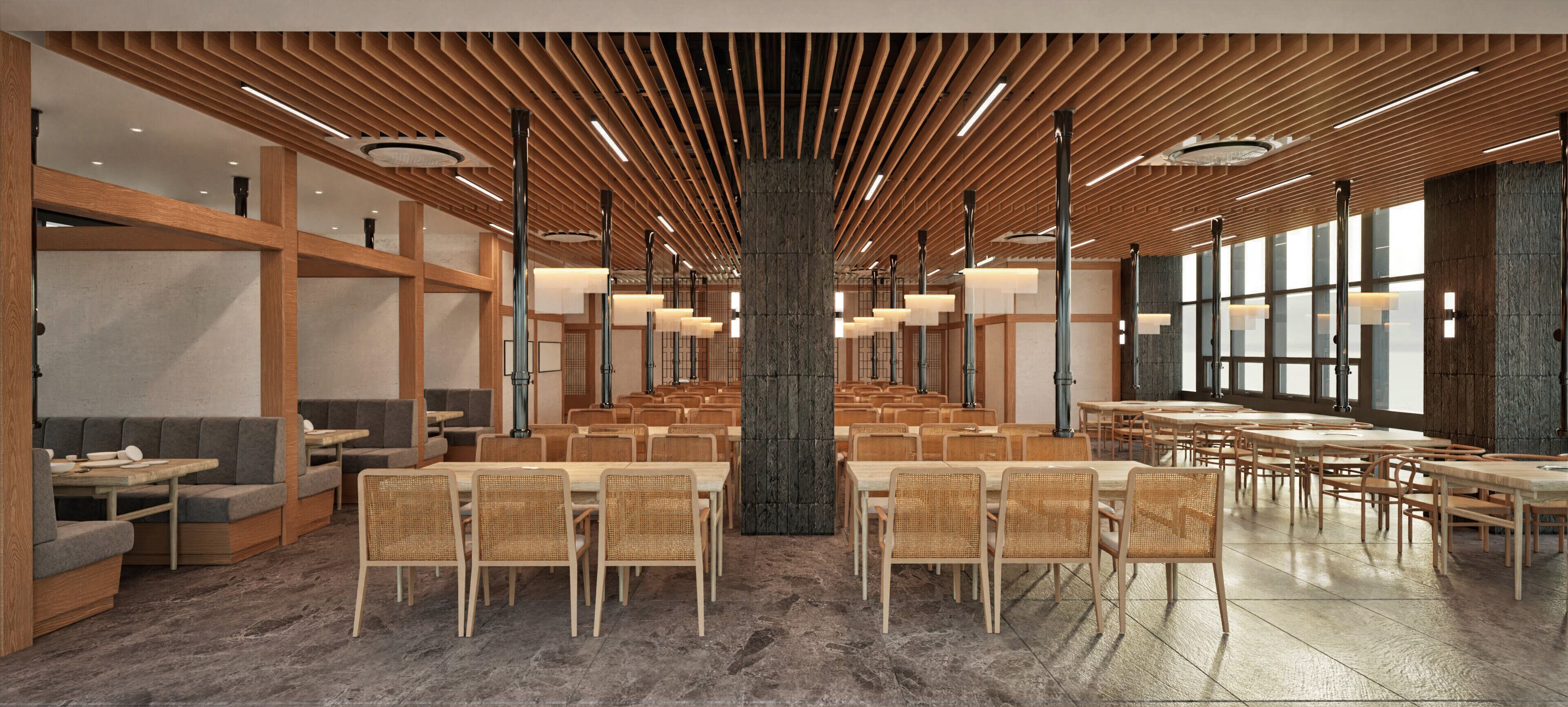 A spacious indoor dining area with wooden tables and chairs, large windows, and a modern ceiling design.