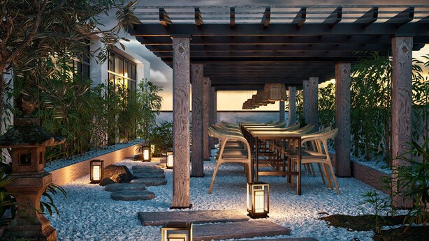A serene outdoor seating area with a wooden pergola, stone lanterns, and a row of wooden chairs.