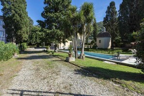 A garden with a pool, palm trees, and a small building.
