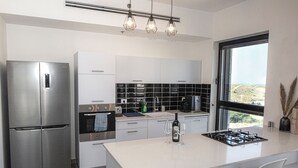 Una cocina moderna con un refrigerador de acero inoxidable, una estufa a gas y un amplio ventanal con vistas al exterior.