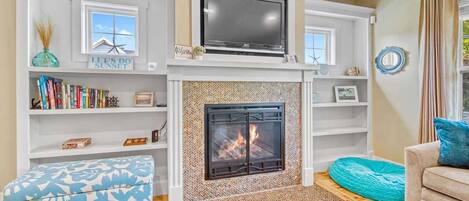 TV, fireplace, DVD player, books