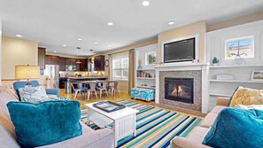 TV, fireplace, DVD player, books