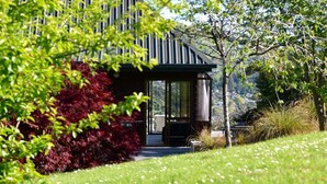 Een modern huis met een glazen deuropening, omringd door weelderig groen en een verzorgd gazon.