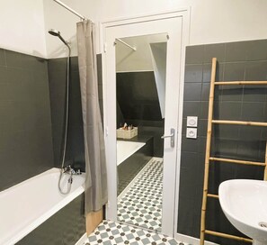 Shower, hair dryer, soap, toilet paper