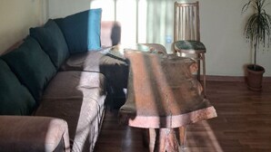 Una sala de estar con un sofá, una mesa de centro y una planta en maceta.