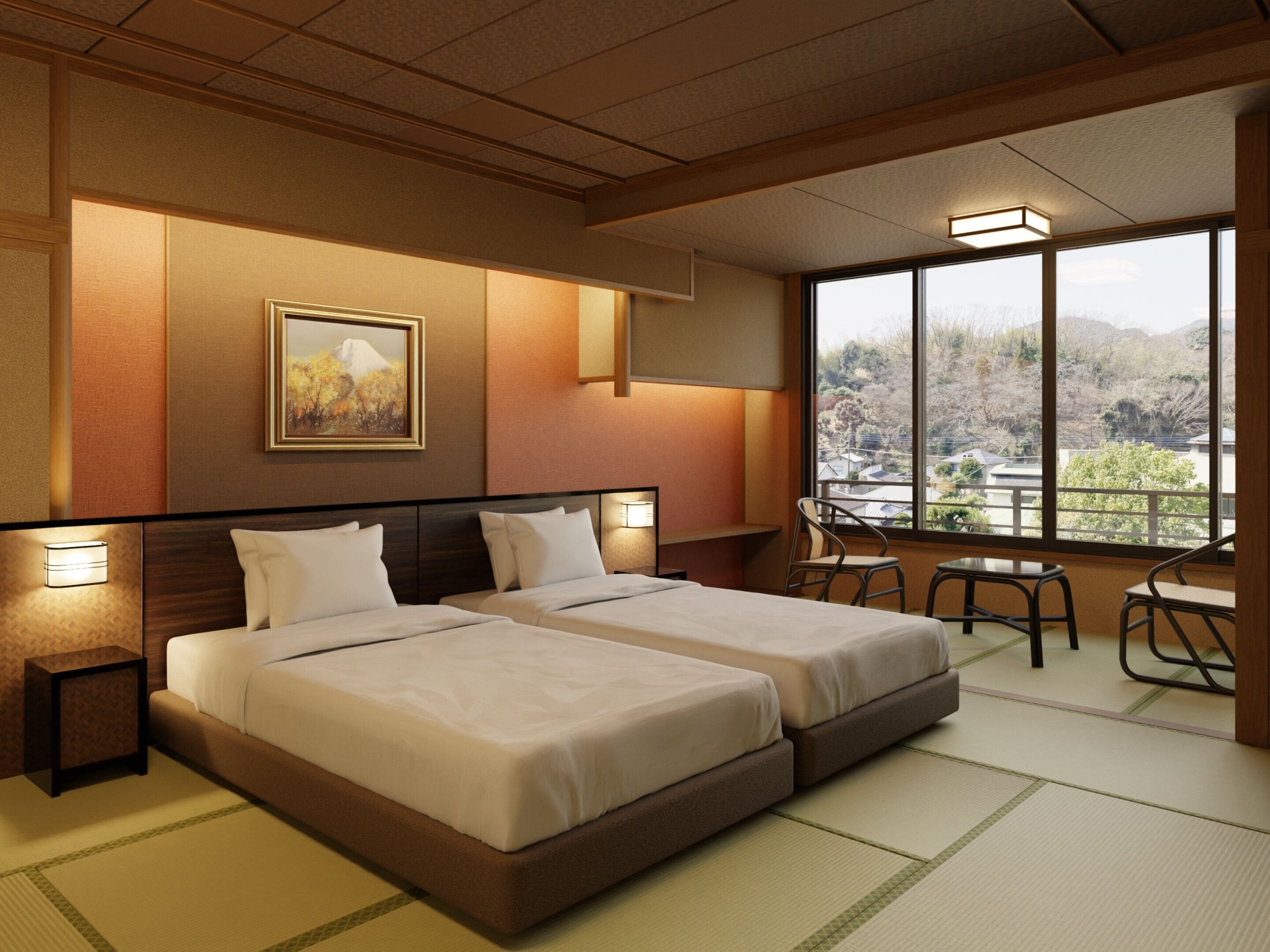 A hotel room with two beds, a painting on the wall, a window with a view, and a small table with chairs.