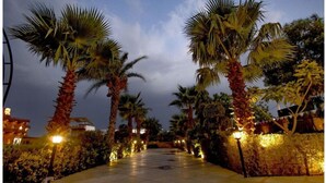 A pathway lined with palm trees and illuminated by street lamps, leading to a building with multiple windows. - Umraogarh A Unit of Raghav Vilas (Jodhpur)