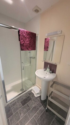 Shower, hair dryer, towels, toilet paper