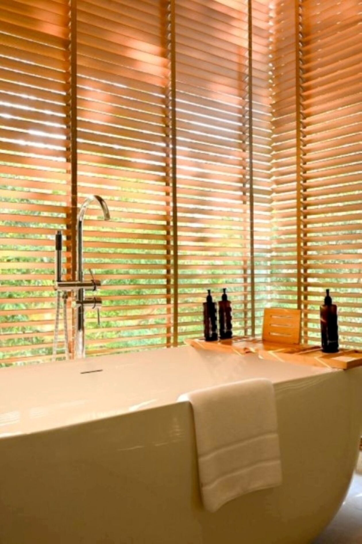 A bathroom with a bathtub, a faucet, and two bottles on the counter.
