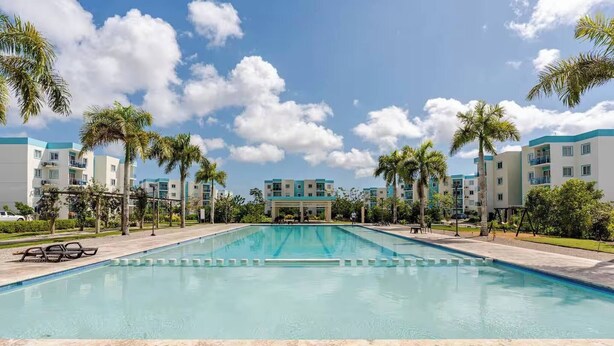 Une piscine à l’eau d’un bleu limpide, entourée de palmiers et bordée d’une rangée d’immeubles dotés de balcons.