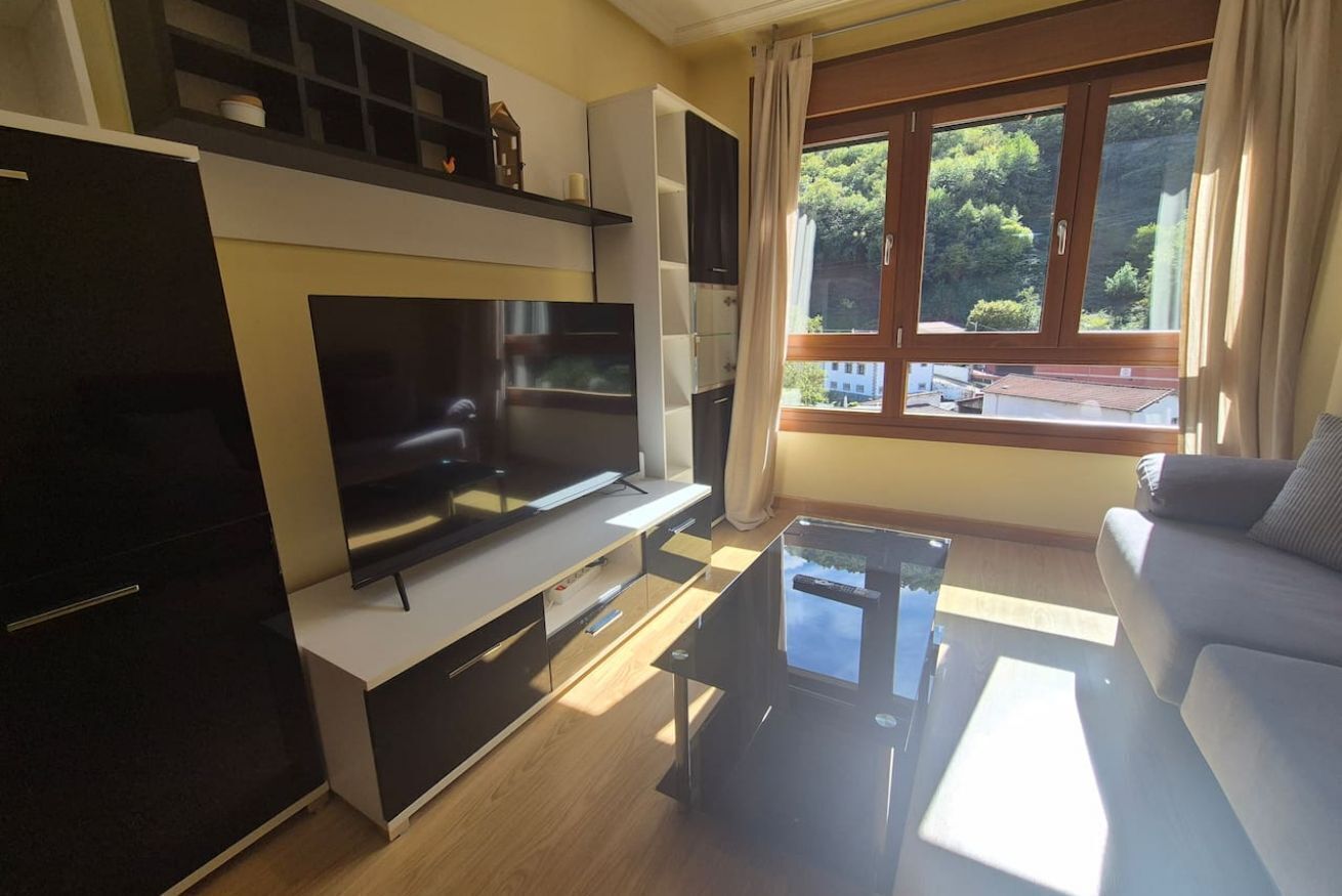 A modern living room with a flat-screen TV, a glass coffee table, a sofa, and a large window with a view of greenery.