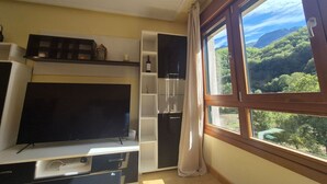 A room with a large window, a flat-screen TV, built-in shelves, and a wooden cabinet. - 21A07 Apartment in Felechosa by R2R Consulting (Aller)