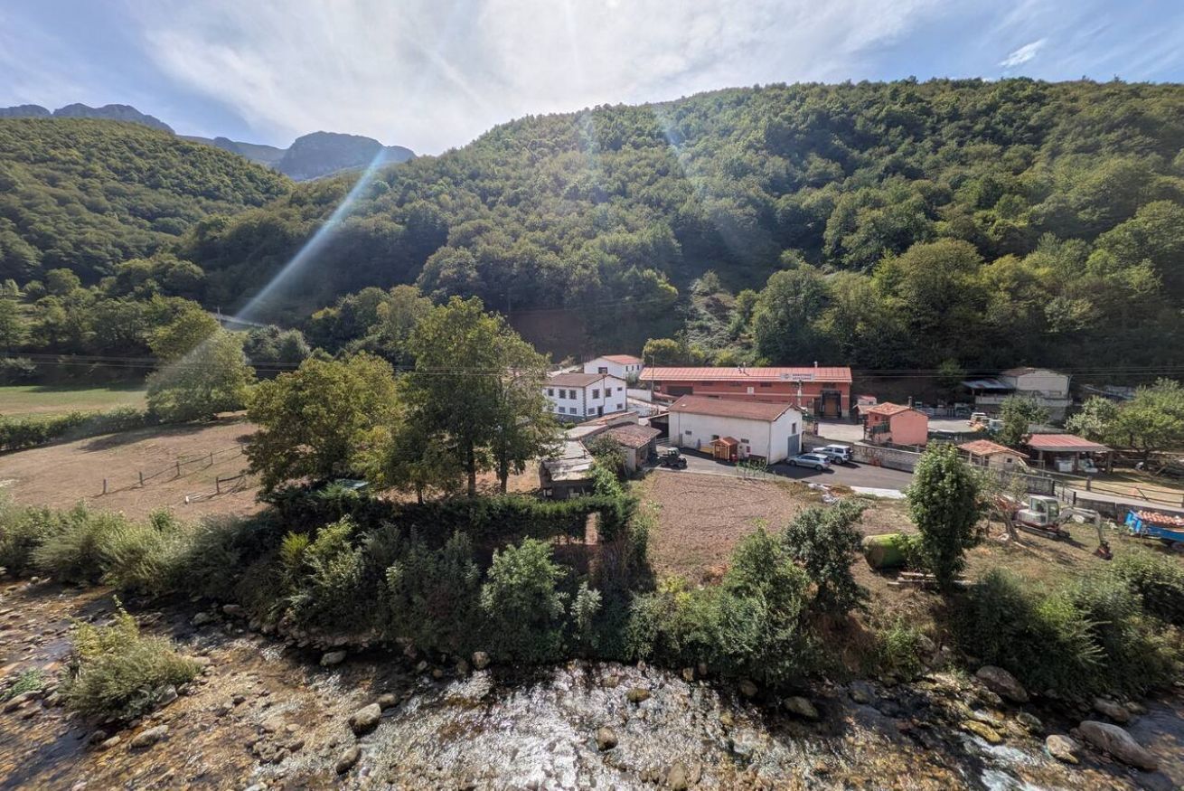 Un paysage rural avec un bâtiment entouré d’arbres et une montagne en arrière-plan.