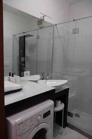 Hair dryer, towels, soap, toilet paper