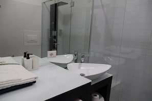 Hair dryer, towels, soap, toilet paper