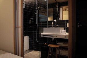 Standard Twin Room | Bathroom | Hair dryer, slippers, bidet, towels - Asuite Hakata by ASUMIRU (Fukuoka)