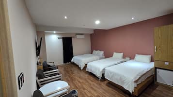 Desk, laptop workspace, blackout curtains, free WiFi