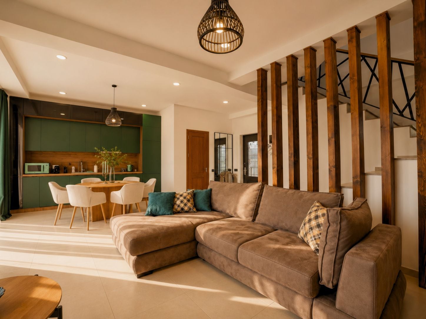Una sala moderna con un sofá modular, un comedor y una cocina.