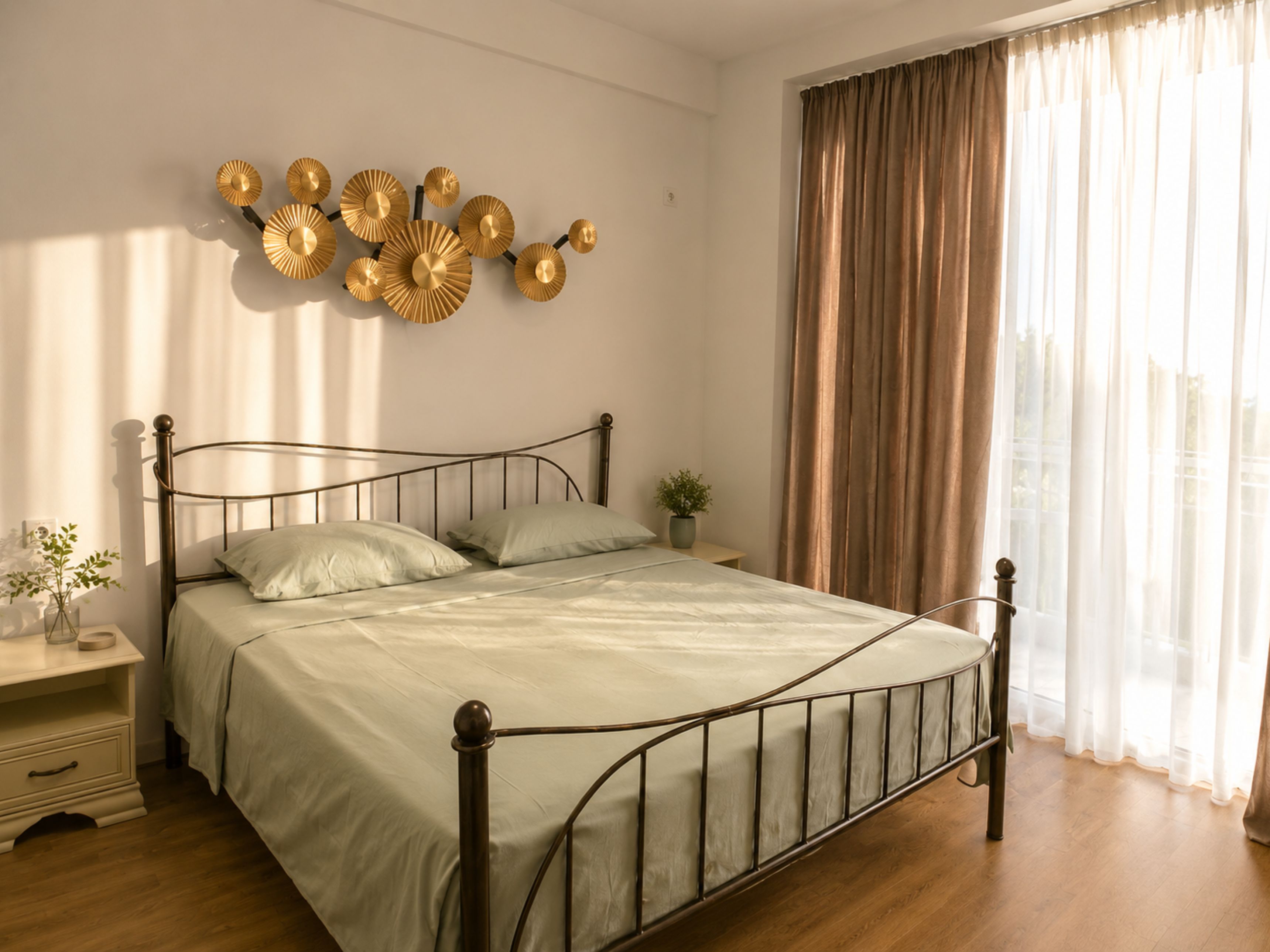 A bedroom with a metal bed frame, a bedside table with a lamp, and a wall-mounted decorative piece.