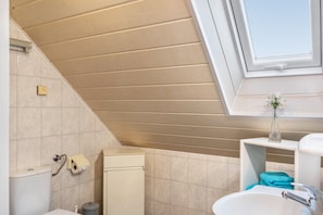 A bathroom with a skylight, a toilet, a sink, and a small shelf with a vase.