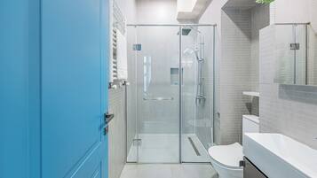 Chambre double, vue sur la cour intérieure (2) | Salle de bain | Douche, séchoir à cheveux, serviettes fournies, savon