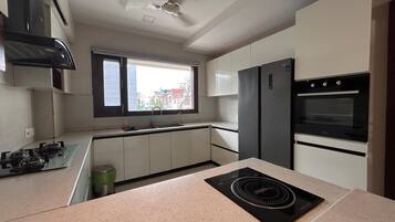 Luxury Twin Room, City View | Private kitchen | Full-sized fridge, microwave, oven, stovetop