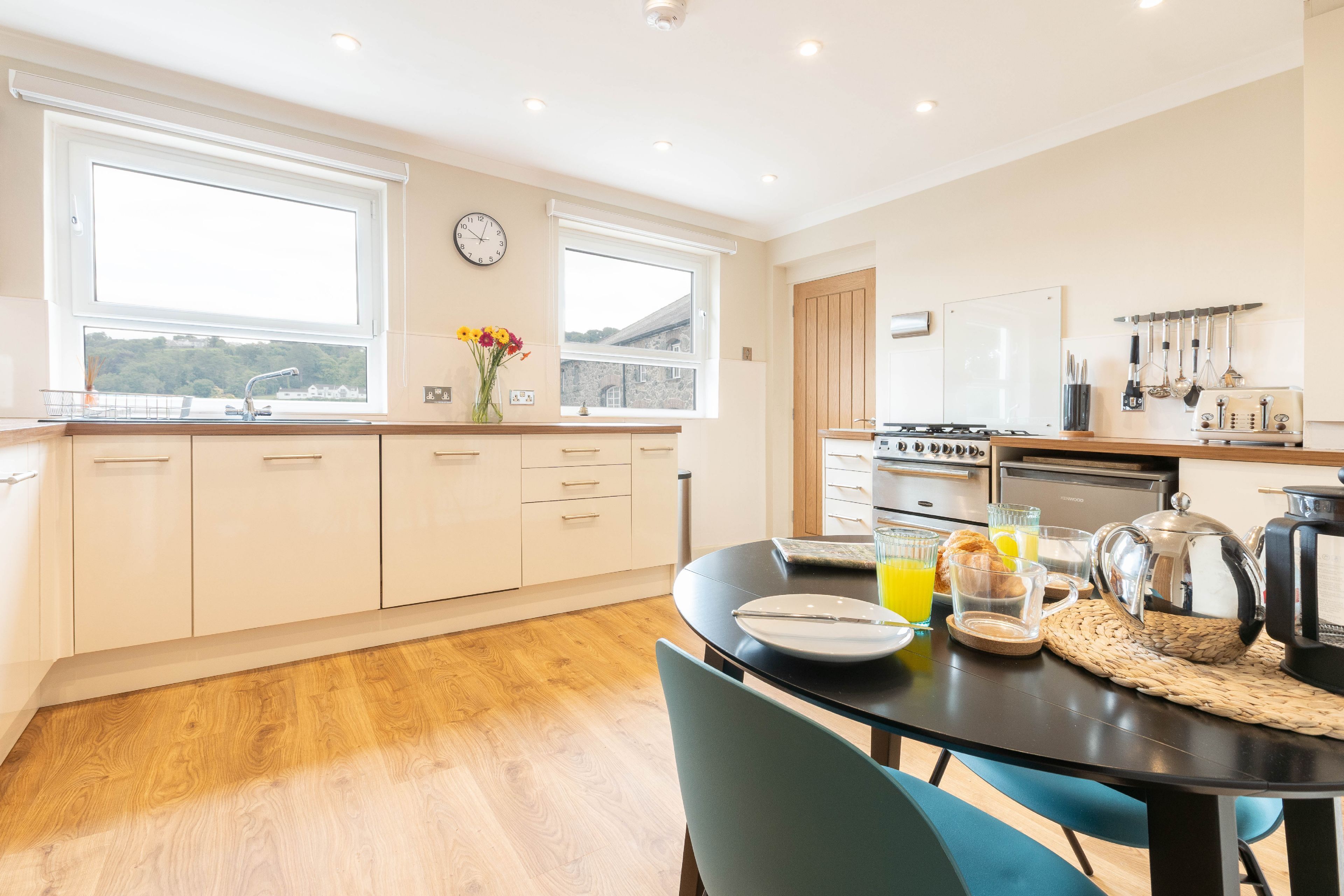 Fridge, microwave, dining tables