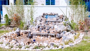 A landscaped garden with a small waterfall, surrounded by rocks and plants. - The Moon Crib (Gisenyi)