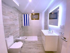 Shower, hair dryer, bidet, towels