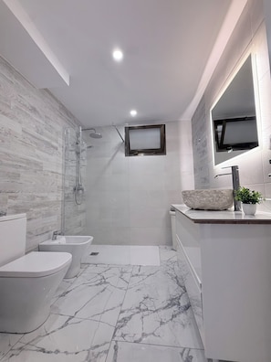 Douche, séchoir à cheveux, bidet, serviettes fournies
